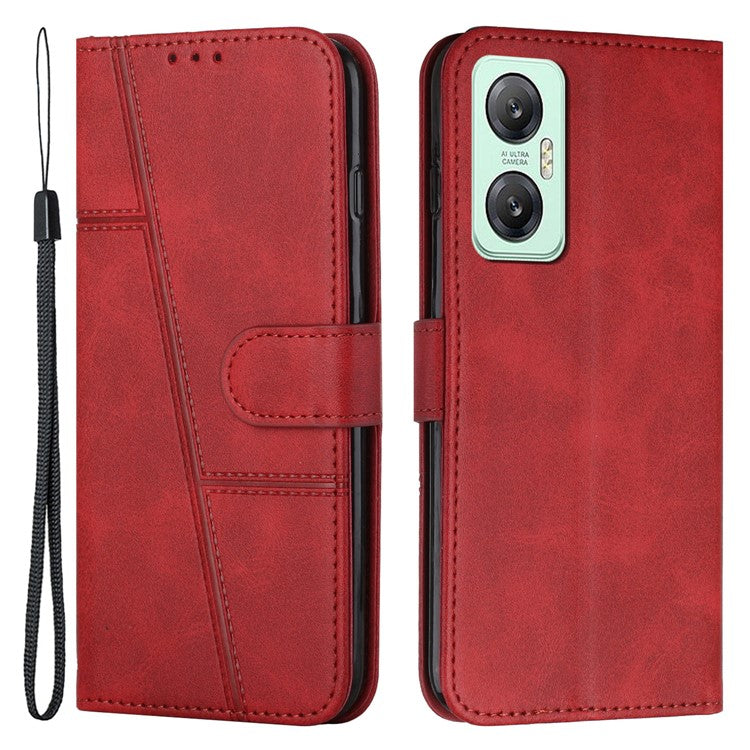 For Infinix Hot 20 5G PU Leather Stitching Lines Phone Stand Case Anti-Scratch Wallet Folio Flip Phone Cover with Strap - Red