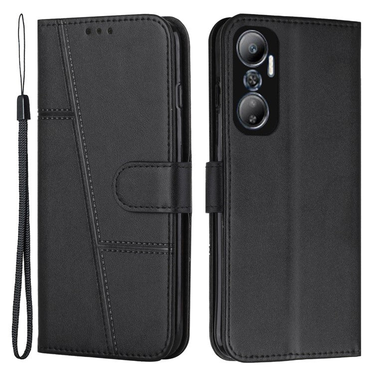 For Infinix Hot 20 4G Stand Wallet Stitching Lines Cell Phone Case PU Leather Magnetic Clasp Protective Cover with Strap - Black