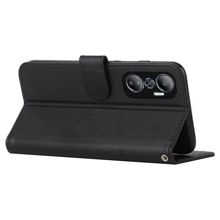 For Infinix Hot 20 4G Stand Wallet Stitching Lines Cell Phone Case PU Leather Magnetic Clasp Protective Cover with Strap - Black