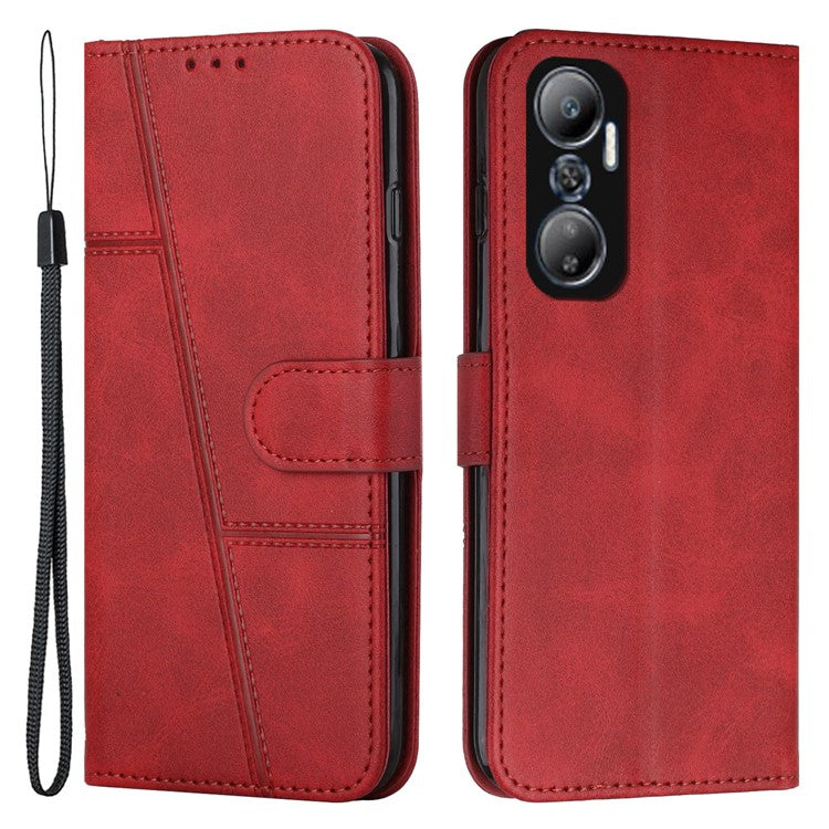 For Infinix Hot 20 4G Stand Wallet Stitching Lines Cell Phone Case PU Leather Magnetic Clasp Protective Cover with Strap - Red