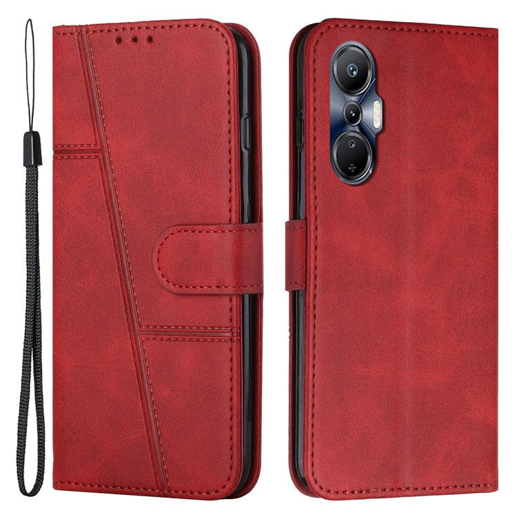 For Infinix Hot 20S 4G Stitching Lines PU Leather Phone Cover Shockproof Wallet Stand Case with Strap - Red