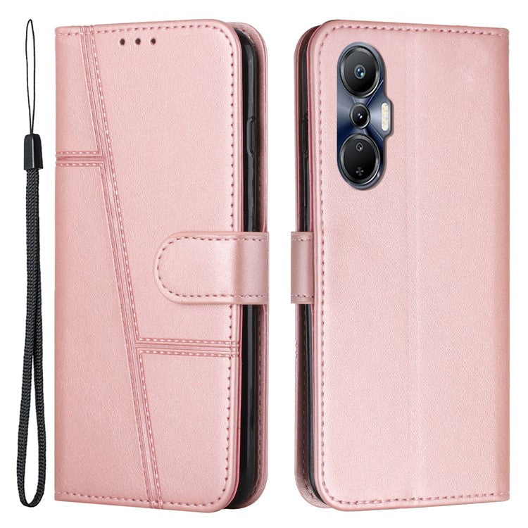 For Infinix Hot 20S 4G Stitching Lines PU Leather Phone Cover Shockproof Wallet Stand Case with Strap - Rose Gold