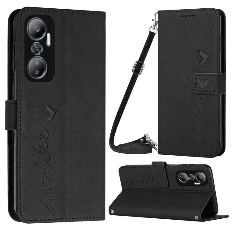 For Infinix Hot 20 4G Wallet Case Imprinted Heart Shape PU Leather Stand Cover with Shoulder Strap - Black