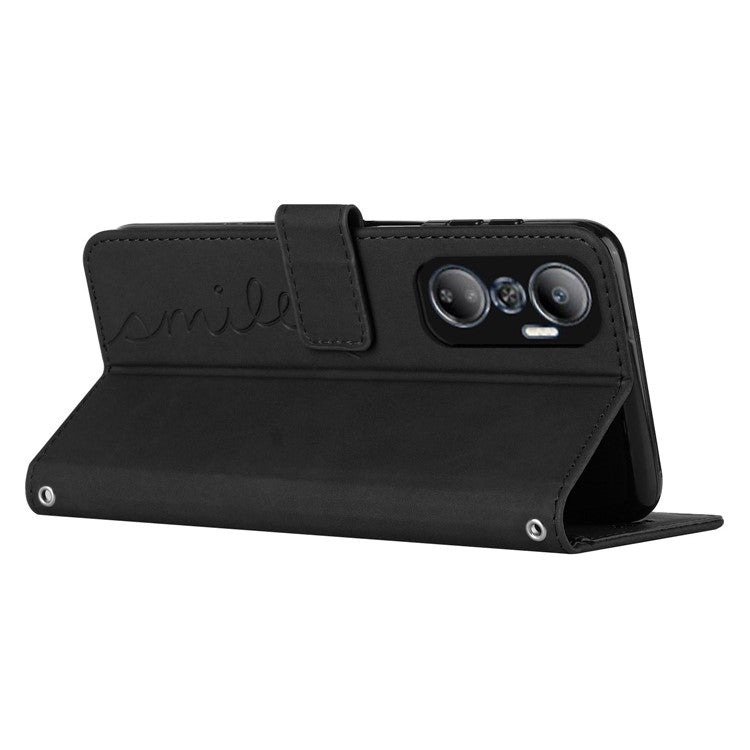 For Infinix Hot 20 4G Wallet Case Imprinted Heart Shape PU Leather Stand Cover with Shoulder Strap - Black