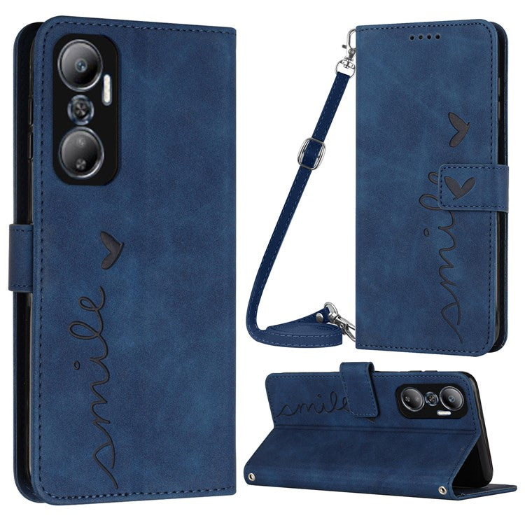 For Infinix Hot 20 4G Wallet Case Imprinted Heart Shape PU Leather Stand Cover with Shoulder Strap - Sapphire