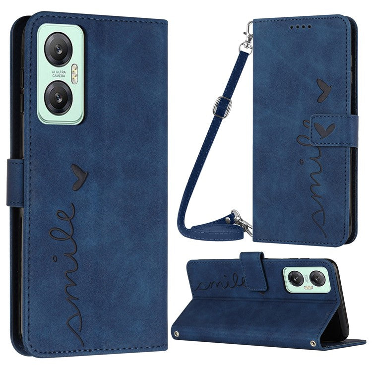 For Infinix Hot 20 5G PU Leather Cover Imprinted Heart Shape Wallet Stand Case with Shoulder Strap - Sapphire