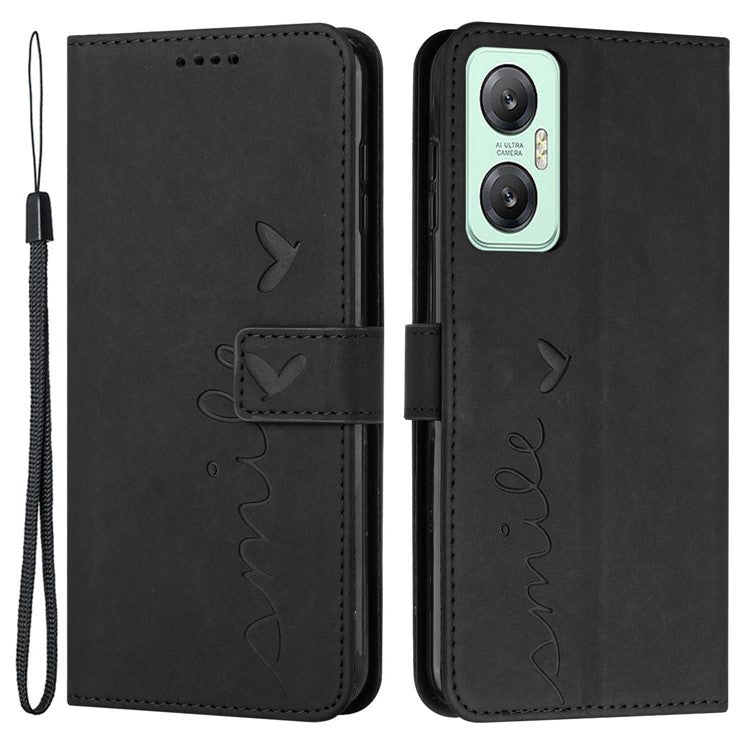 For Infinix Hot 20 5G PU Leather Wallet Phone Case Imprinted Heart Shape Stand Cover with Strap - Black