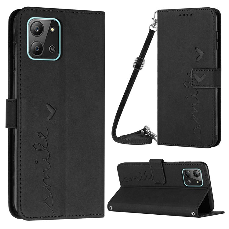 For Infinix Hot 11 2022 4G PU Leather Flip Folio Case Imprinted Heart Shape Stand Wallet Cover with Shoulder Strap - Black