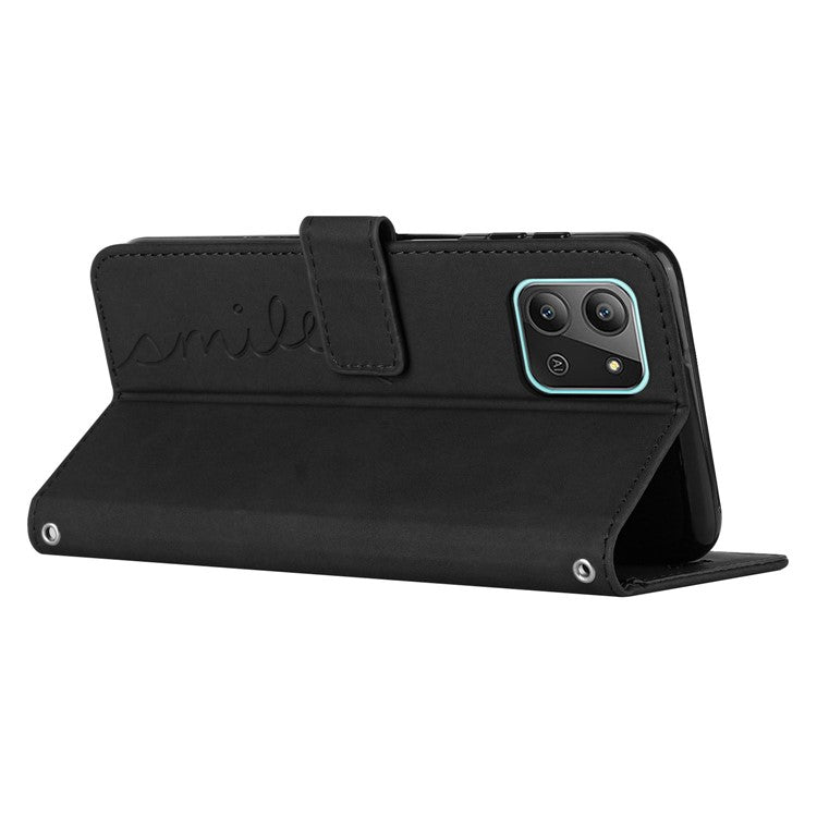 For Infinix Hot 11 2022 4G PU Leather Flip Folio Case Imprinted Heart Shape Stand Wallet Cover with Shoulder Strap - Black