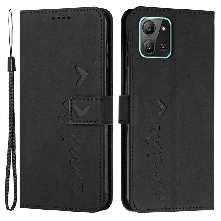 For Infinix Hot 11 2022 4G Flip Wallet Case Stand Imprinted Heart Shape PU Leather Phone Cover with Strap - Black
