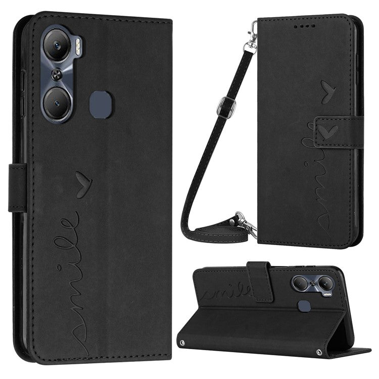 For Infinix Hot 12 Pro 4G PU Leather Case Imprinted Heart Shape Wallet Stand Shockproof Cover with Shoulder Strap - Black