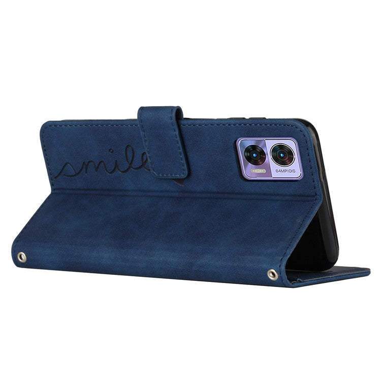 For Motorola Edge 30 Neo 5G / Edge 30 Lite Imprinted Heart Shape Wallet Case Skin-touch Feeling PU Leather Stand Magnetic Flip Phone Cover with Shoulder Strap - Sapphire