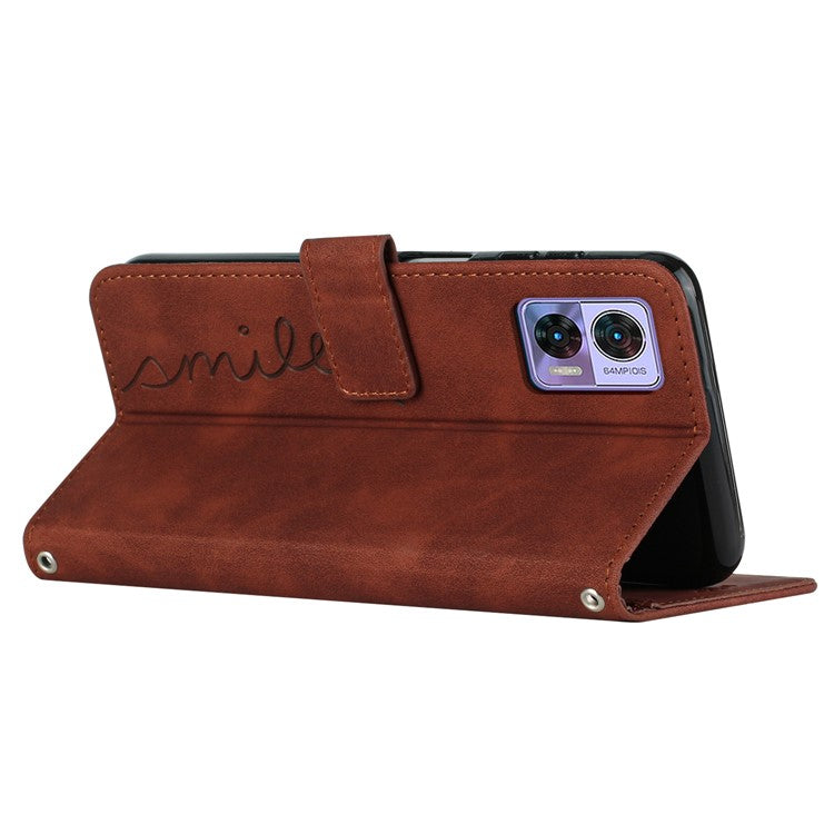 For Motorola Edge 30 Neo 5G / Edge 30 Lite Skin-touch PU Leather Phone Flip Wallet Case Stand Imprinted Heart Shape Magnetic Scratch-resistant Phone Cover with Strap - Brown