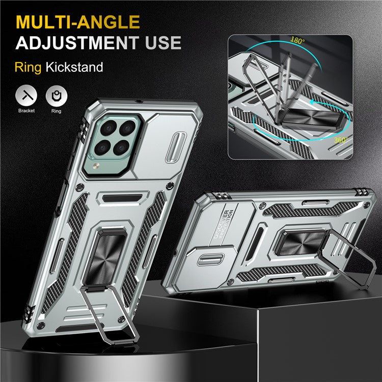 Armor Series for Samsung Galaxy M53 5G Kickstand Design Bump Proof Phone Case PC + TPU Protective Back Cover with Slide Camera Cover - Grey