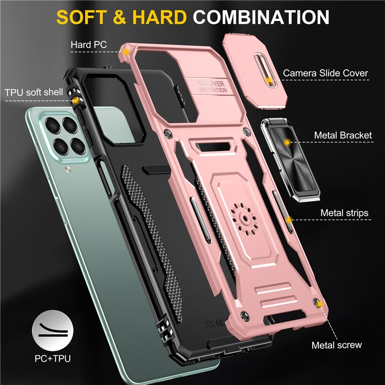Armor Series for Samsung Galaxy M53 5G Kickstand Design Bump Proof Phone Case PC + TPU Protective Back Cover with Slide Camera Cover - Rose Gold