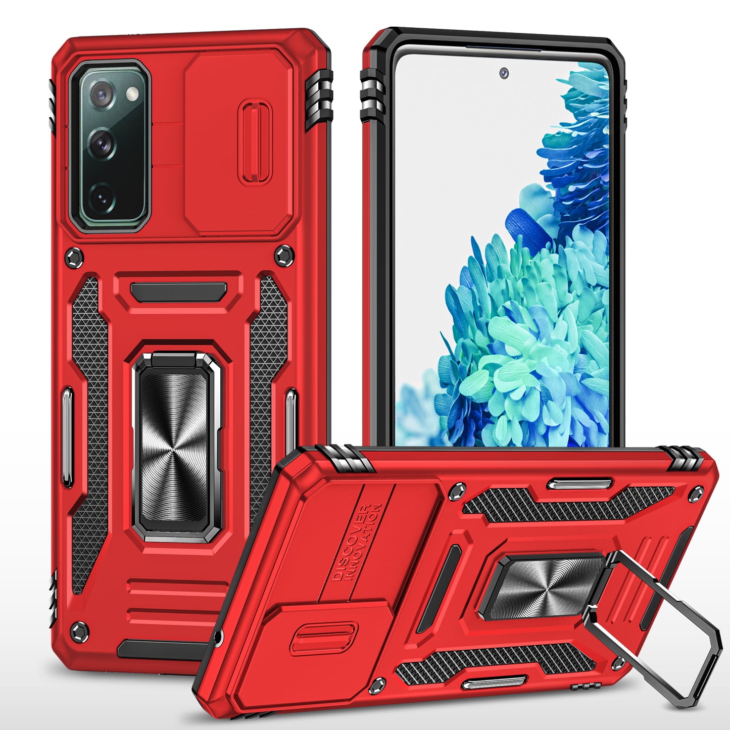 Armor Series for Samsung Galaxy S20 FE 4G / 5G / S20 FE 2022 / S20 Lite Kickstand Design Shockproof Phone Case PC + TPU Protective Back Cover with Slide Camera Cover - Red