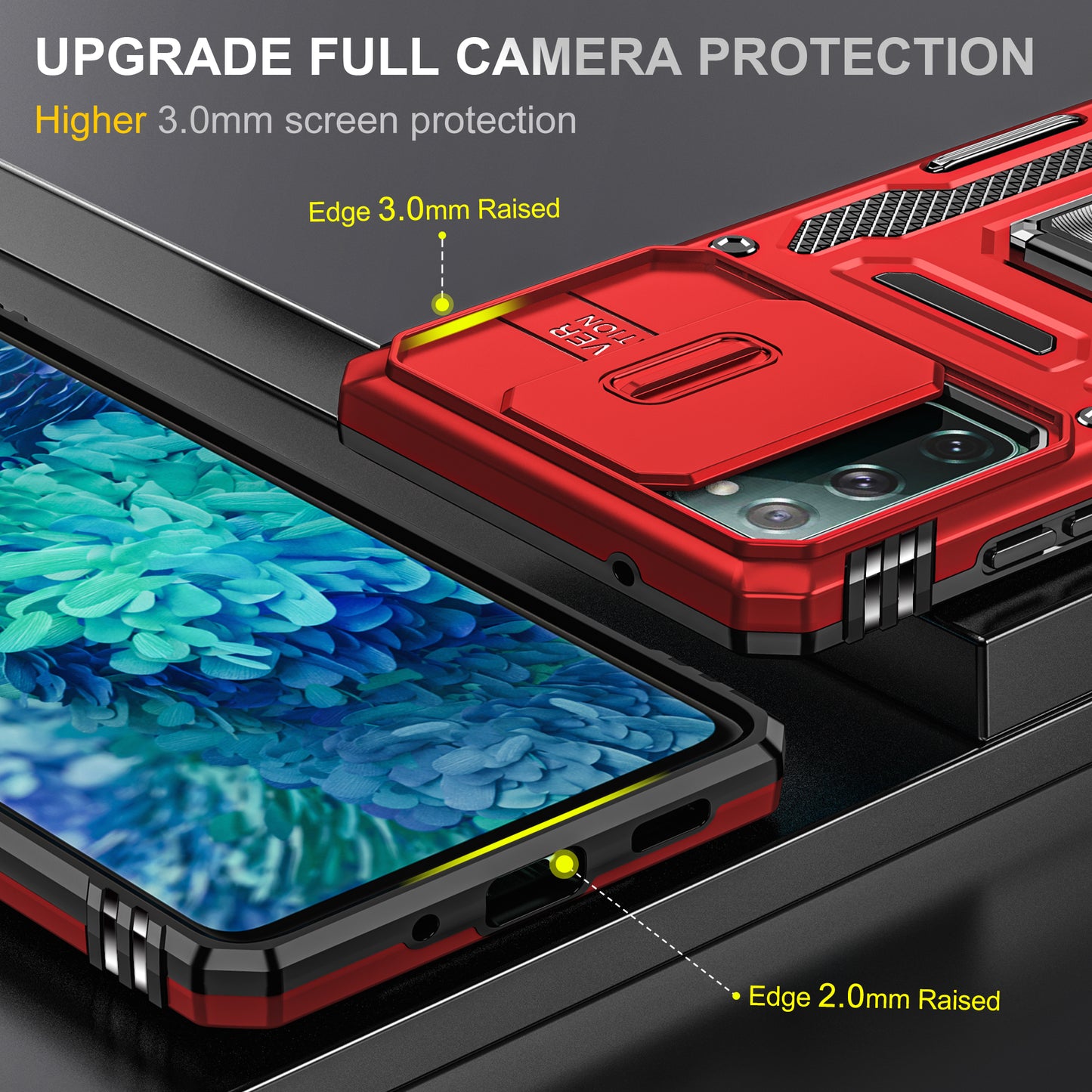 Armor Series for Samsung Galaxy S20 FE 4G / 5G / S20 FE 2022 / S20 Lite Kickstand Design Shockproof Phone Case PC + TPU Protective Back Cover with Slide Camera Cover - Red