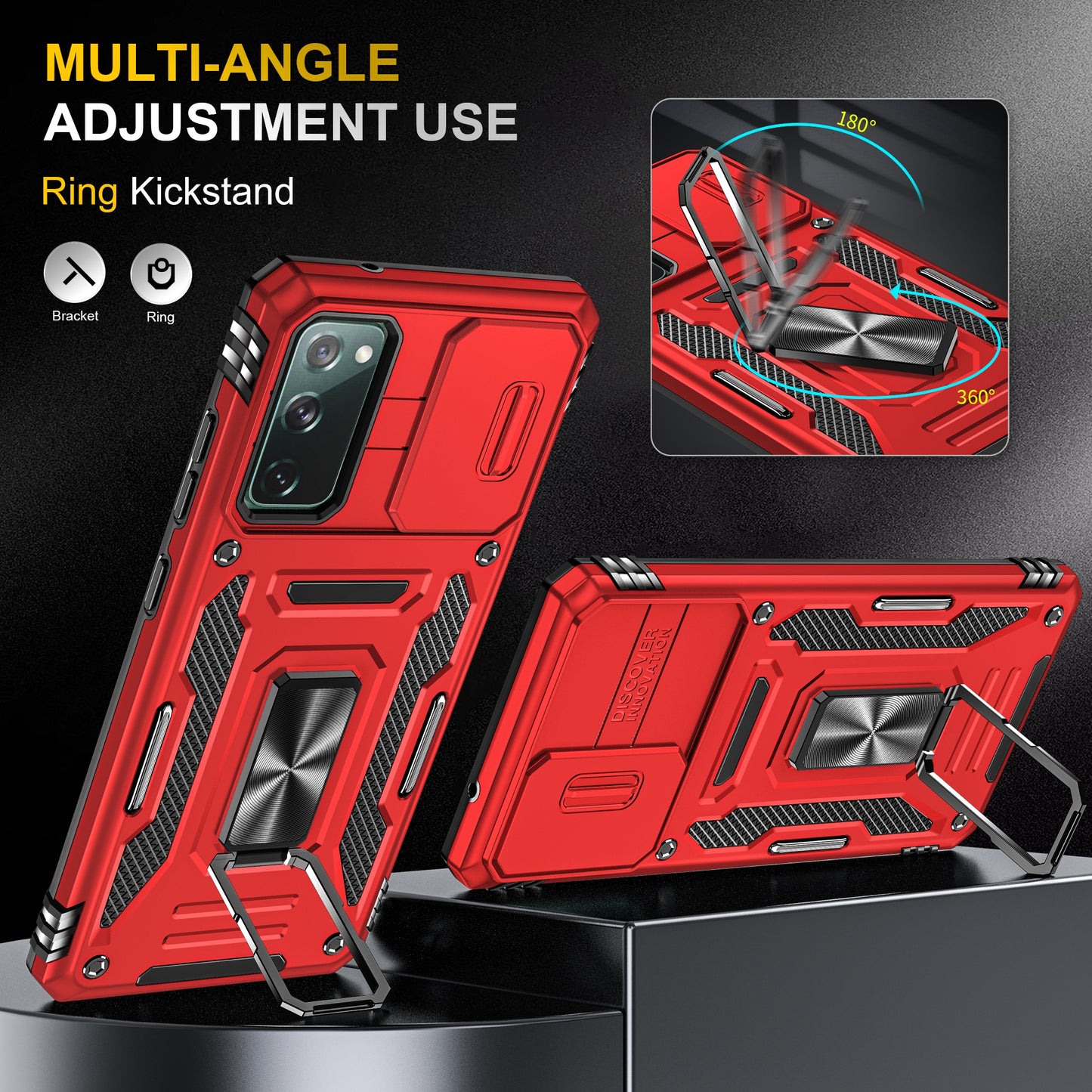 Armor Series for Samsung Galaxy S20 FE 4G / 5G / S20 FE 2022 / S20 Lite Kickstand Design Shockproof Phone Case PC + TPU Protective Back Cover with Slide Camera Cover - Red