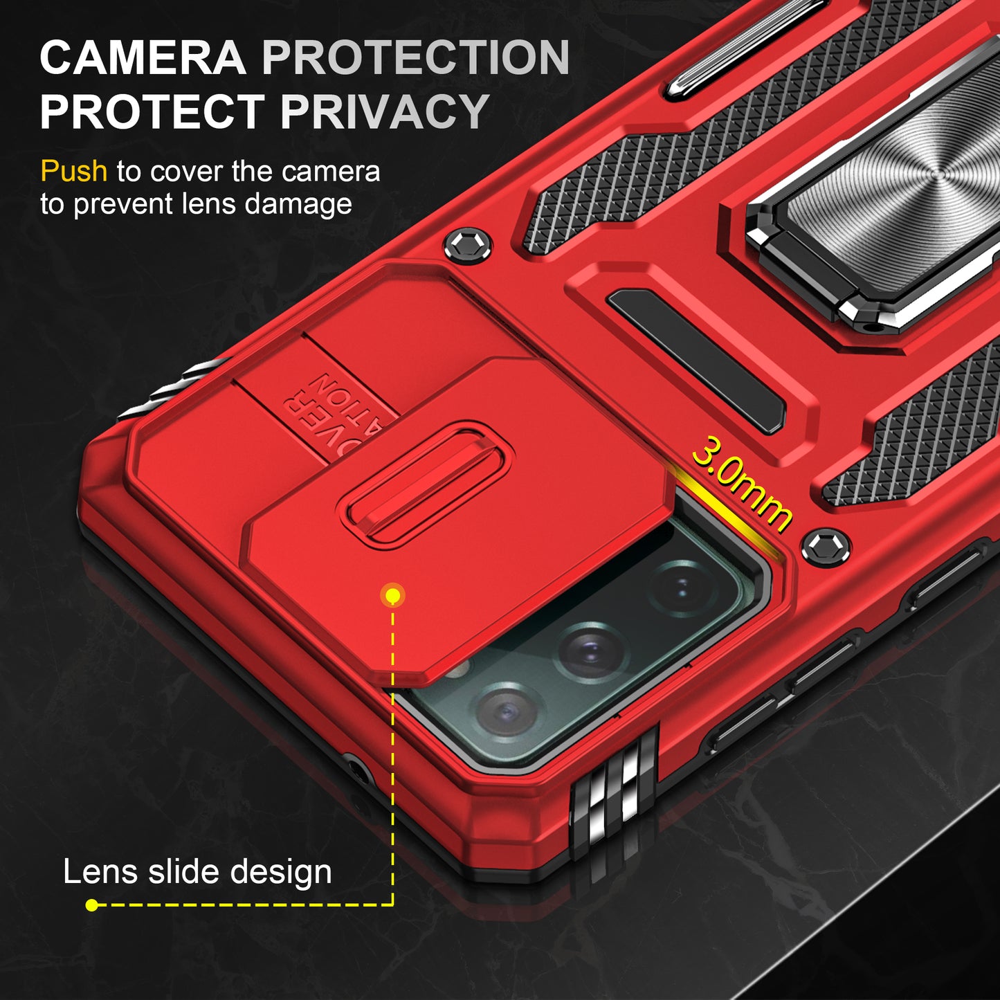 Armor Series for Samsung Galaxy S20 FE 4G / 5G / S20 FE 2022 / S20 Lite Kickstand Design Shockproof Phone Case PC + TPU Protective Back Cover with Slide Camera Cover - Red