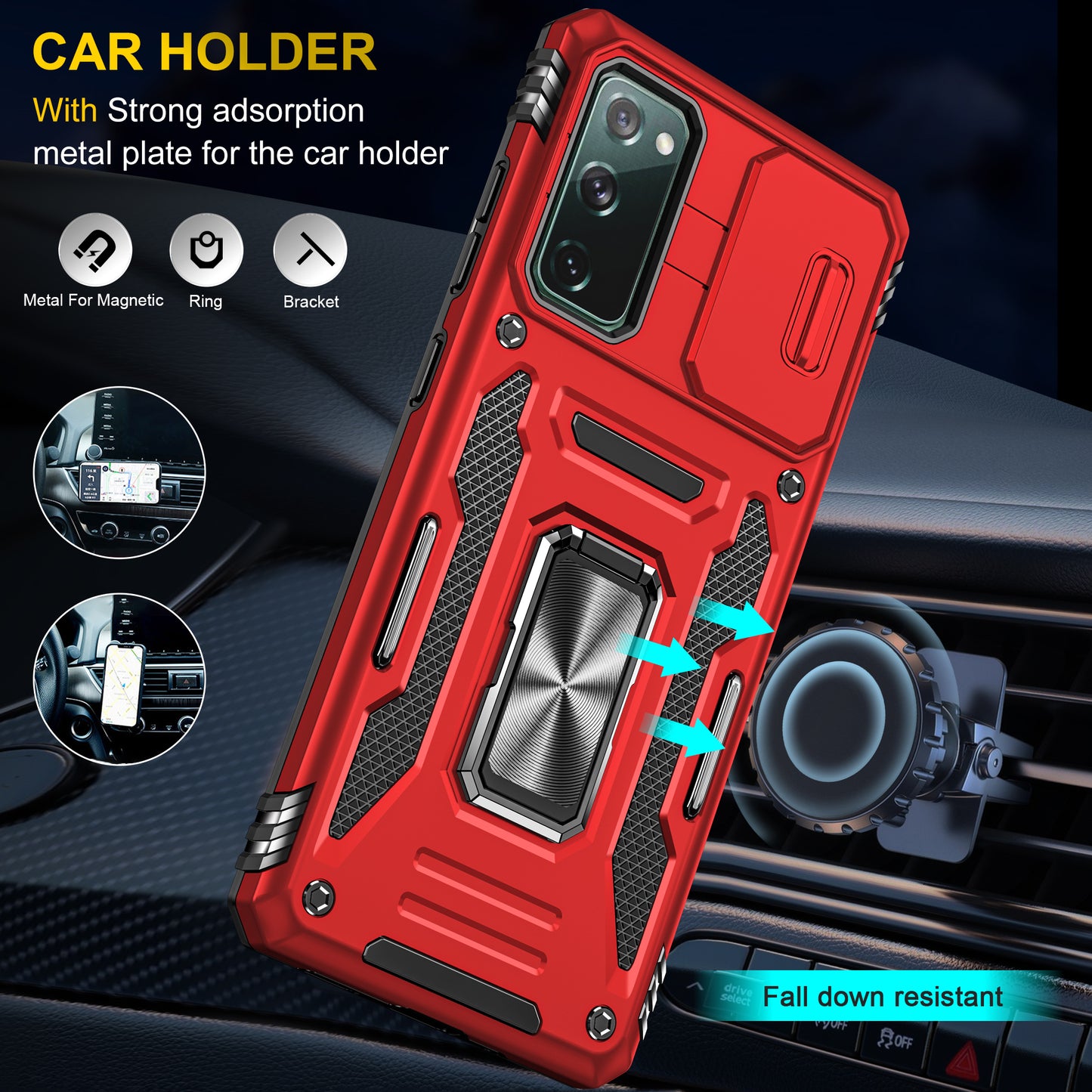 Armor Series for Samsung Galaxy S20 FE 4G / 5G / S20 FE 2022 / S20 Lite Kickstand Design Shockproof Phone Case PC + TPU Protective Back Cover with Slide Camera Cover - Red