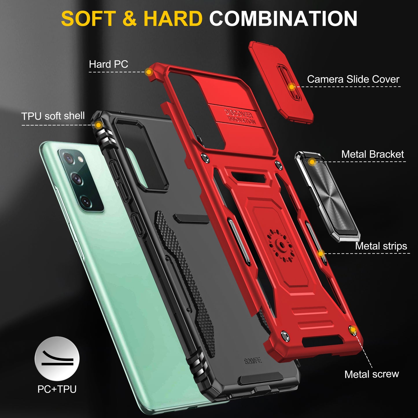 Armor Series for Samsung Galaxy S20 FE 4G / 5G / S20 FE 2022 / S20 Lite Kickstand Design Shockproof Phone Case PC + TPU Protective Back Cover with Slide Camera Cover - Red