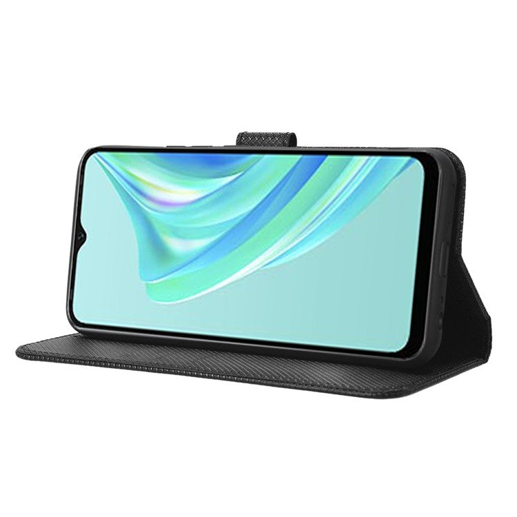 For Infinix Hot 20i 4G X665C / X665E Diamond Texture PU Leather Case Full Protection Stand Wallet Phone Cover with Strap - Black