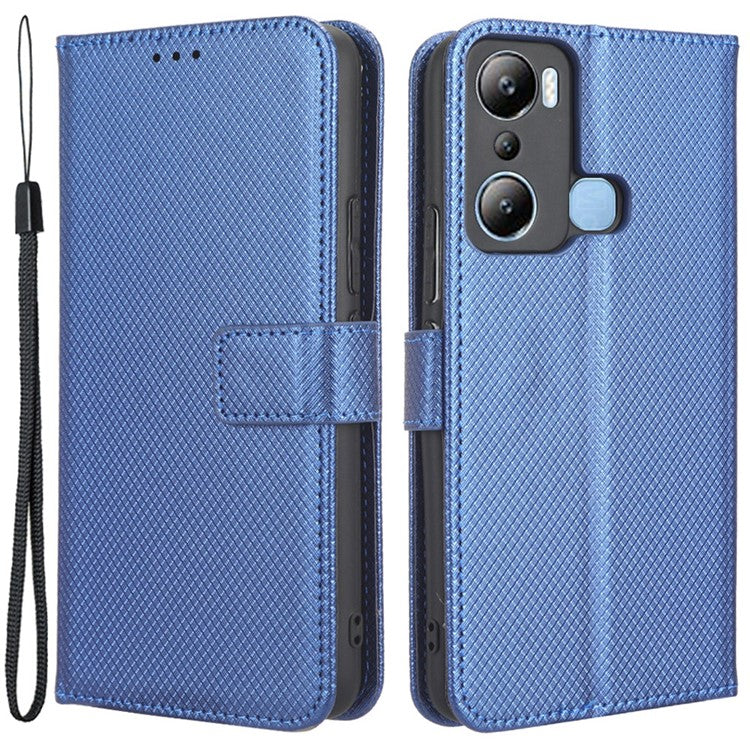 For Infinix Hot 20i 4G X665C / X665E Diamond Texture PU Leather Case Full Protection Stand Wallet Phone Cover with Strap - Blue