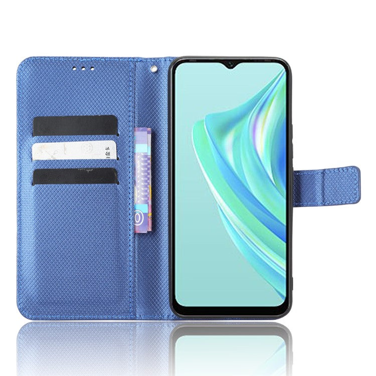 For Infinix Hot 20i 4G X665C / X665E Diamond Texture PU Leather Case Full Protection Stand Wallet Phone Cover with Strap - Blue