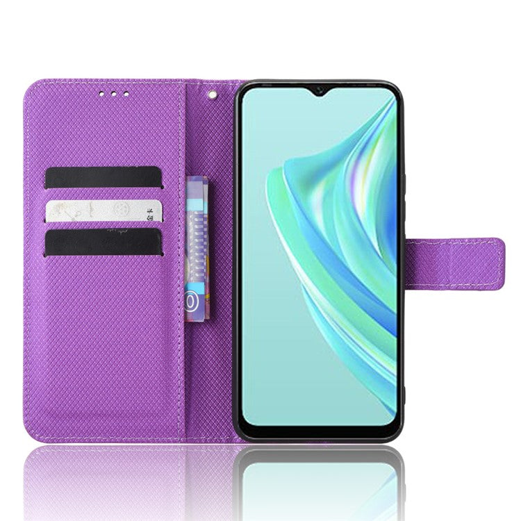 For Infinix Hot 20i 4G X665C / X665E Diamond Texture PU Leather Case Full Protection Stand Wallet Phone Cover with Strap - Purple