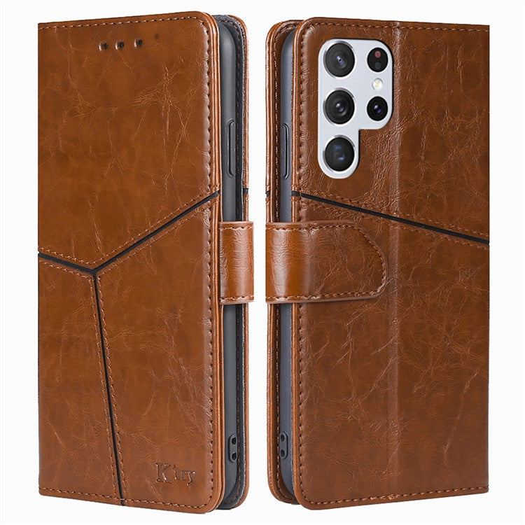 For Samsung Galaxy S23 Ultra Geometric Splicing Phone Case PU Leather Stand Wallet Full Protection Folio Flip Cover - Light Brown