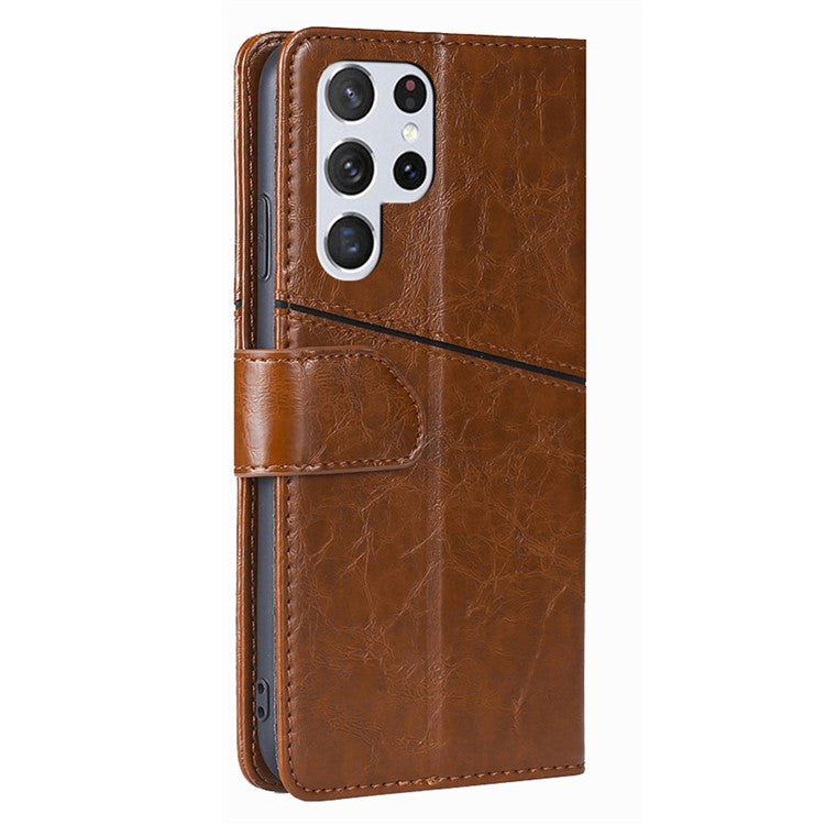 For Samsung Galaxy S23 Ultra Geometric Splicing Phone Case PU Leather Stand Wallet Full Protection Folio Flip Cover - Light Brown