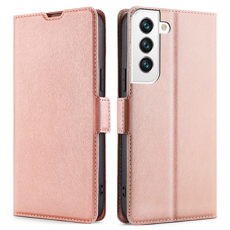 For Samsung Galaxy S23+ PU Leather Stand Card Holder Phone Case TPU Interior Shell Flip Dual Magnetic Clasp Protective Cover - Rose Gold