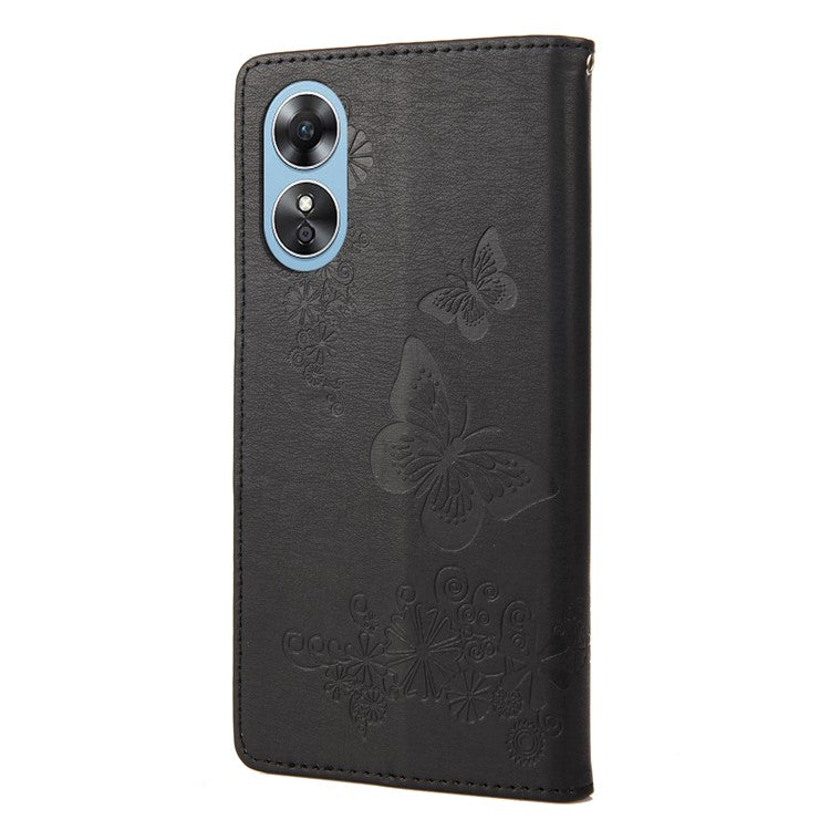 Mobile Phone Case for Oppo A17 4G / A17k 4G Wallet Phone Case Butterflies Flower Imprinting PU Leather Flip Folio Phone Cover with Stand - Black