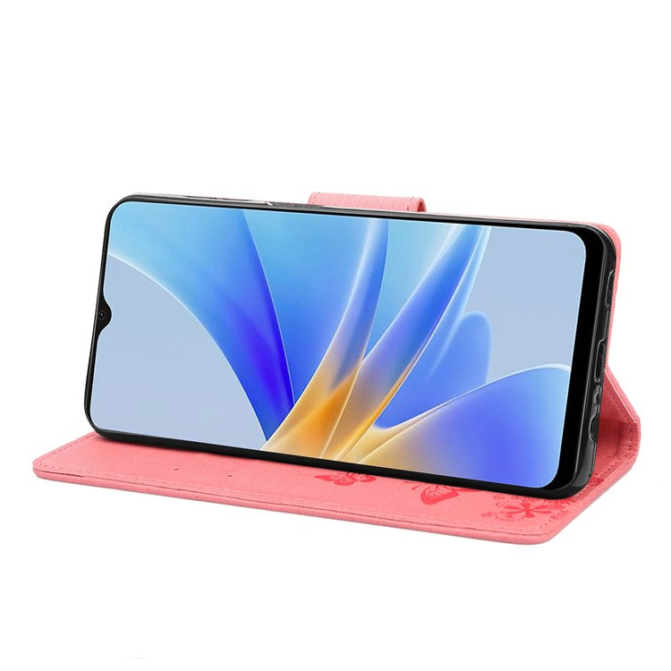 Mobile Phone Case for Oppo A17 4G / A17k 4G Wallet Phone Case Butterflies Flower Imprinting PU Leather Flip Folio Phone Cover with Stand - Pink