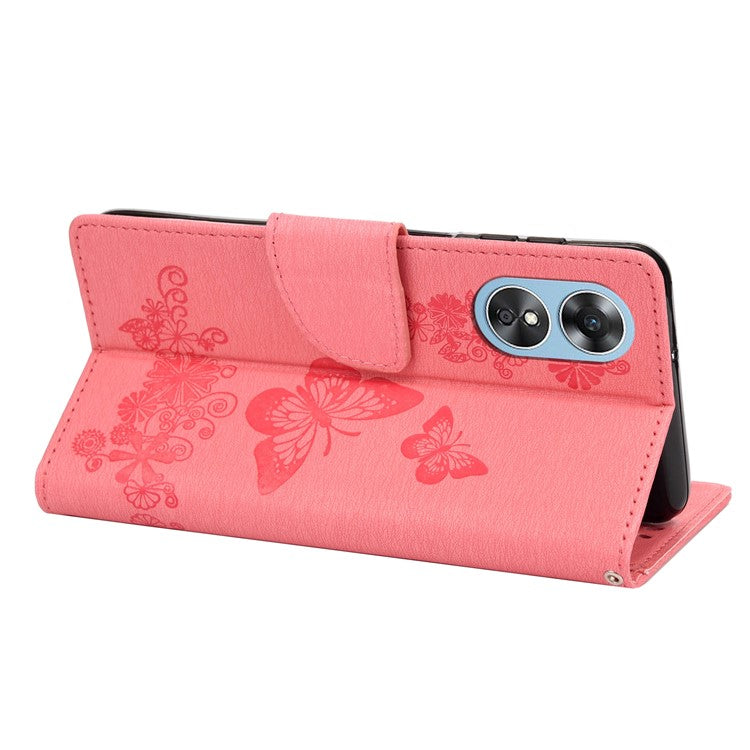 Mobile Phone Case for Oppo A17 4G / A17k 4G Wallet Phone Case Butterflies Flower Imprinting PU Leather Flip Folio Phone Cover with Stand - Pink
