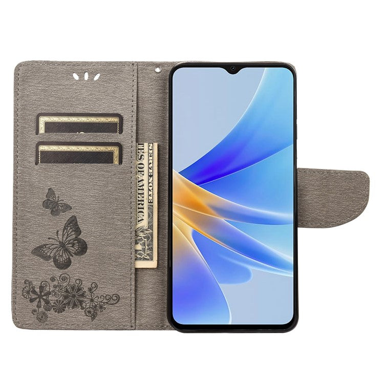 Mobile Phone Case for Oppo A17 4G / A17k 4G Wallet Phone Case Butterflies Flower Imprinting PU Leather Flip Folio Phone Cover with Stand - Grey