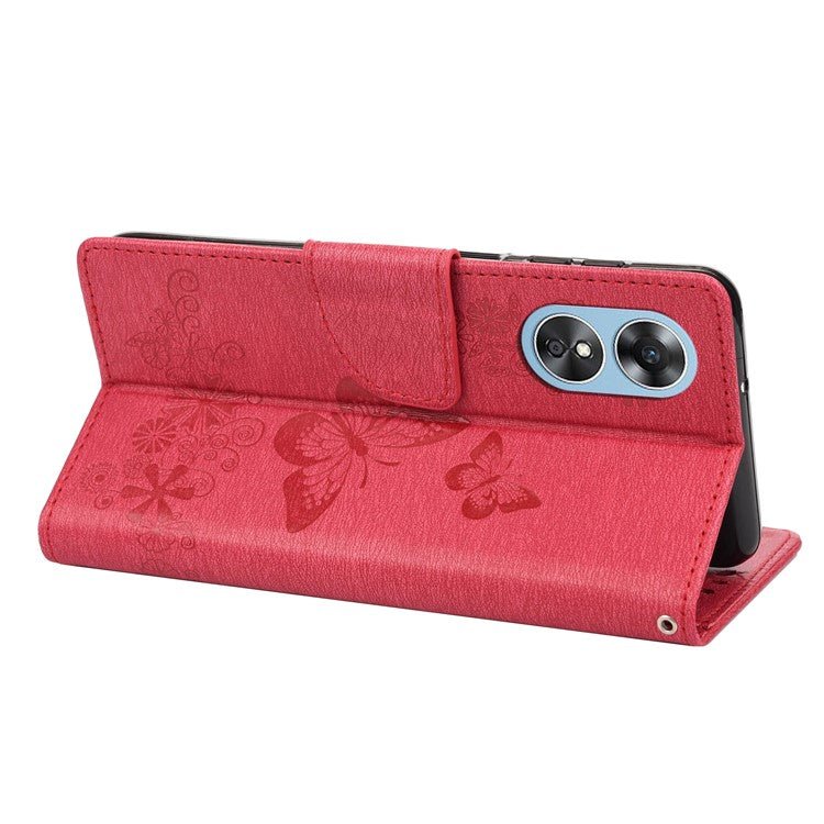 Mobile Phone Case for Oppo A17 4G / A17k 4G Wallet Phone Case Butterflies Flower Imprinting PU Leather Flip Folio Phone Cover with Stand - Red