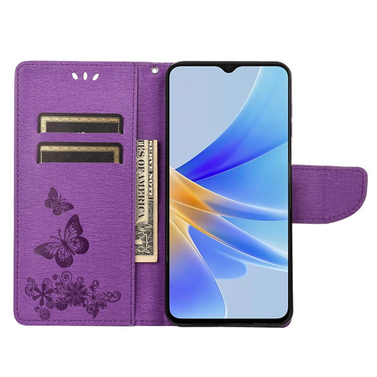 Mobile Phone Case for Oppo A17 4G / A17k 4G Wallet Phone Case Butterflies Flower Imprinting PU Leather Flip Folio Phone Cover with Stand - Purple