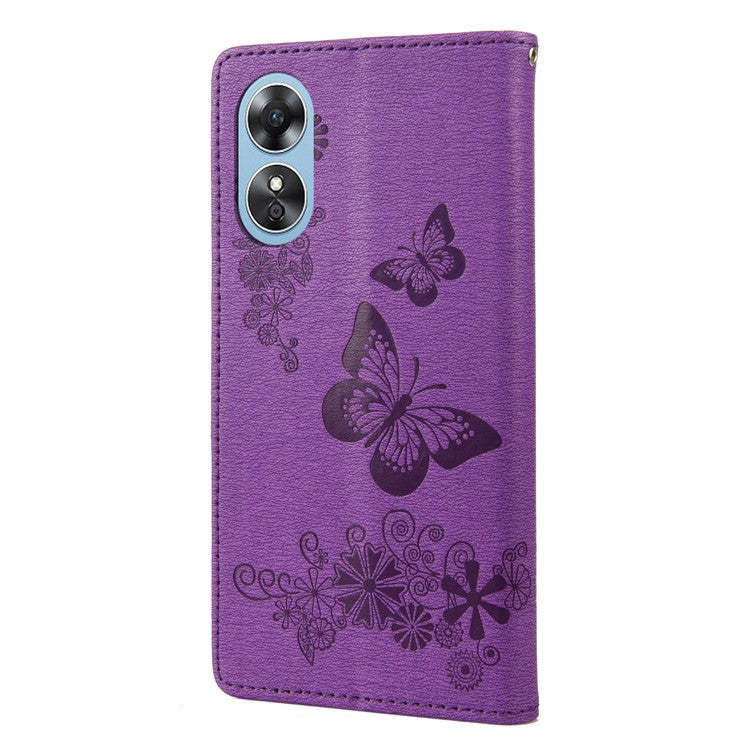 Mobile Phone Case for Oppo A17 4G / A17k 4G Wallet Phone Case Butterflies Flower Imprinting PU Leather Flip Folio Phone Cover with Stand - Purple