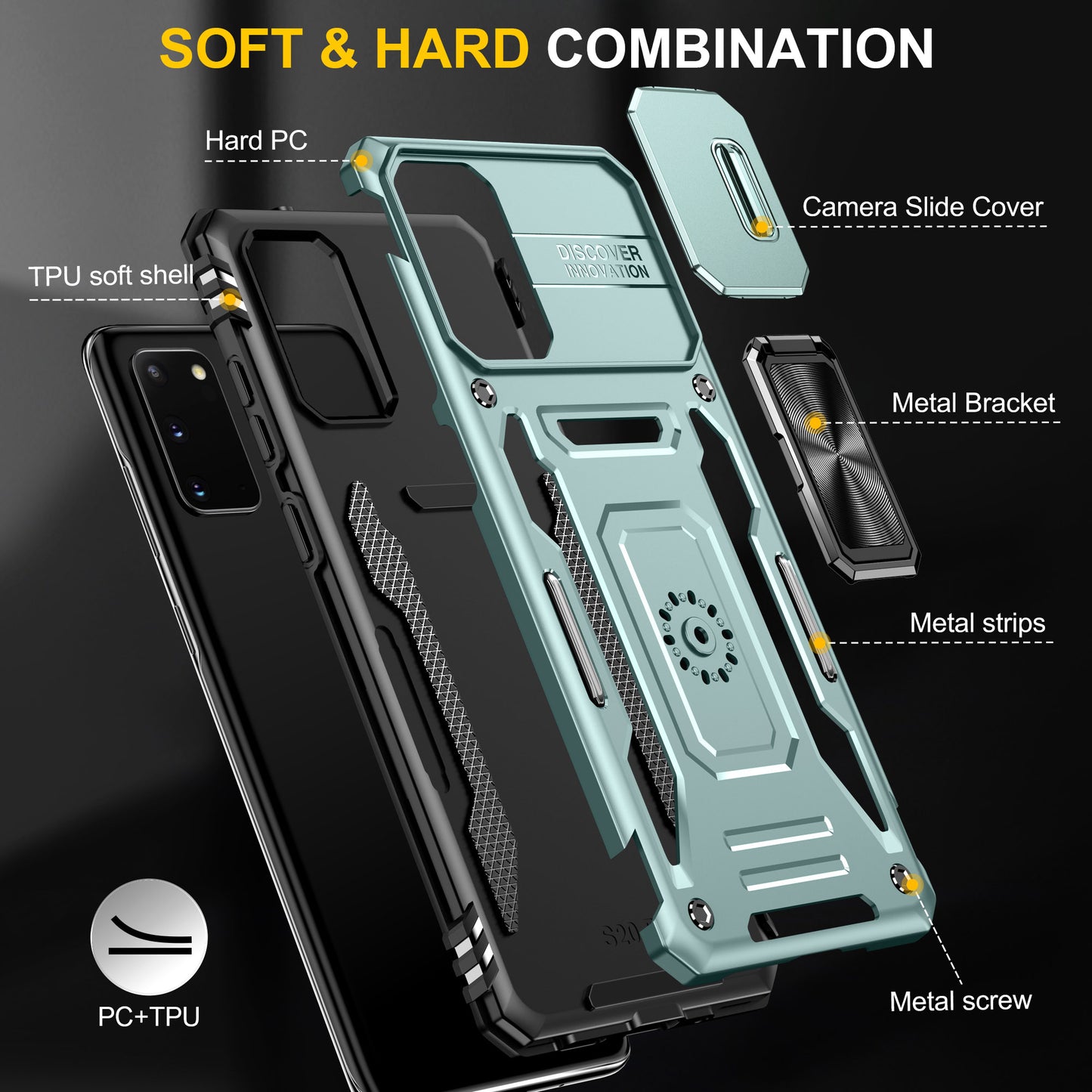 Armor Series for Samsung Galaxy S20 4G / 5G Kickstand PC + TPU Hybrid Cover Anti-collision Protective Phone Case with Slide Camera Protector - Green