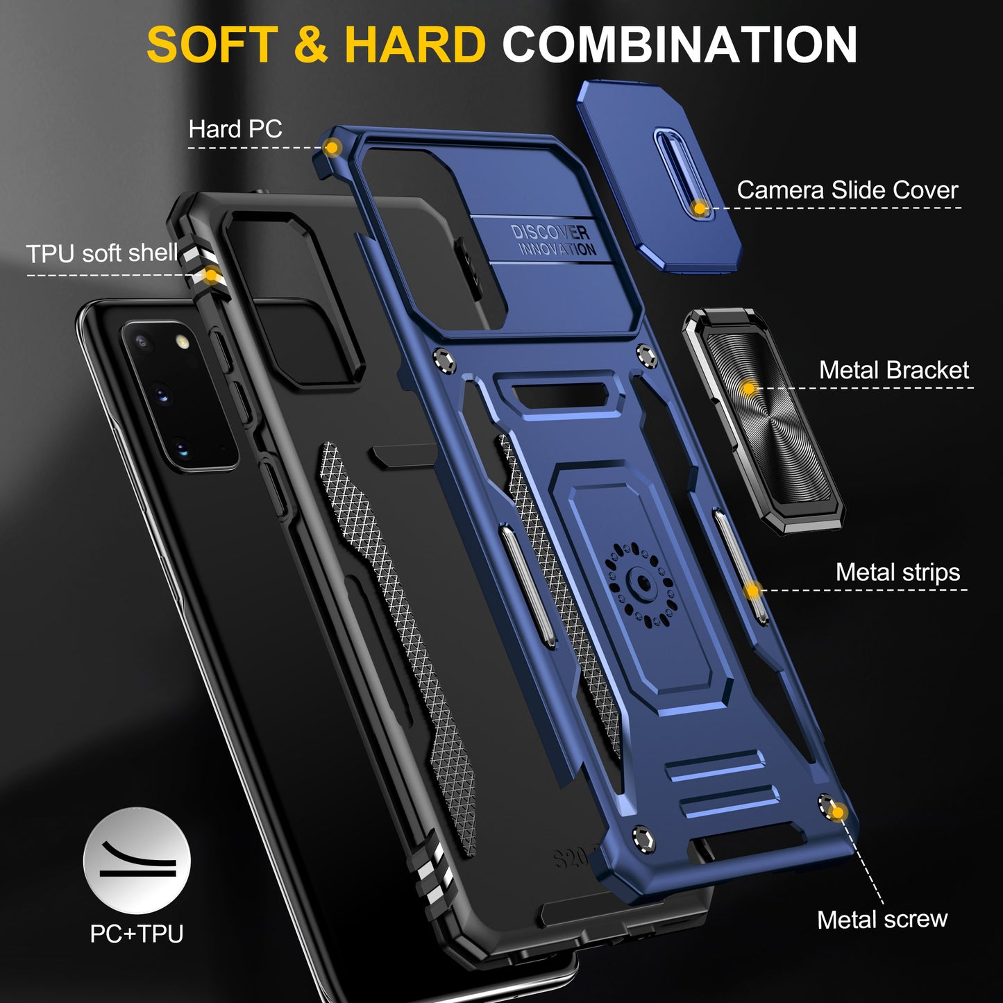 Armor Series for Samsung Galaxy S20 4G / 5G Kickstand PC + TPU Hybrid Cover Anti-collision Protective Phone Case with Slide Camera Protector - Navy Blue