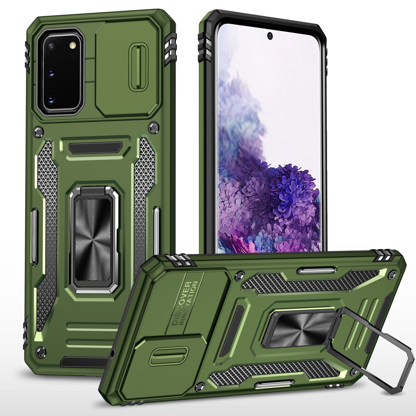 Armor Series for Samsung Galaxy S20 4G / 5G Kickstand PC + TPU Hybrid Cover Anti-collision Protective Phone Case with Slide Camera Protector - Olive Green