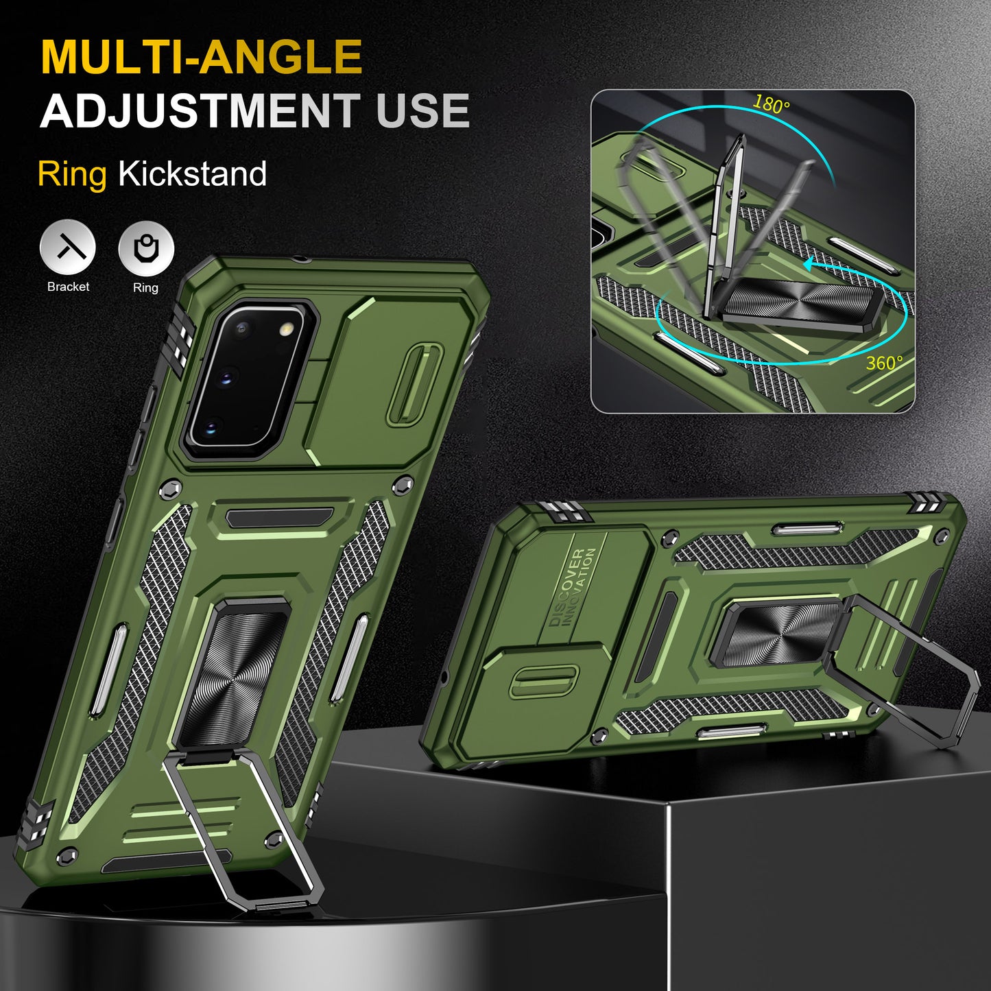 Armor Series for Samsung Galaxy S20 4G / 5G Kickstand PC + TPU Hybrid Cover Anti-collision Protective Phone Case with Slide Camera Protector - Olive Green