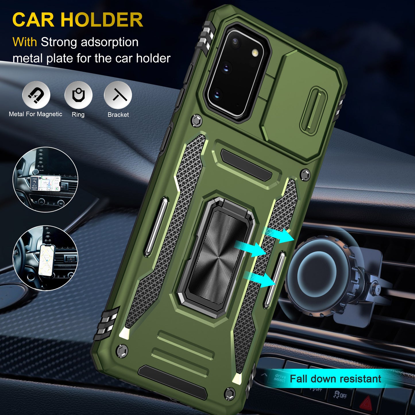Armor Series for Samsung Galaxy S20 4G / 5G Kickstand PC + TPU Hybrid Cover Anti-collision Protective Phone Case with Slide Camera Protector - Olive Green