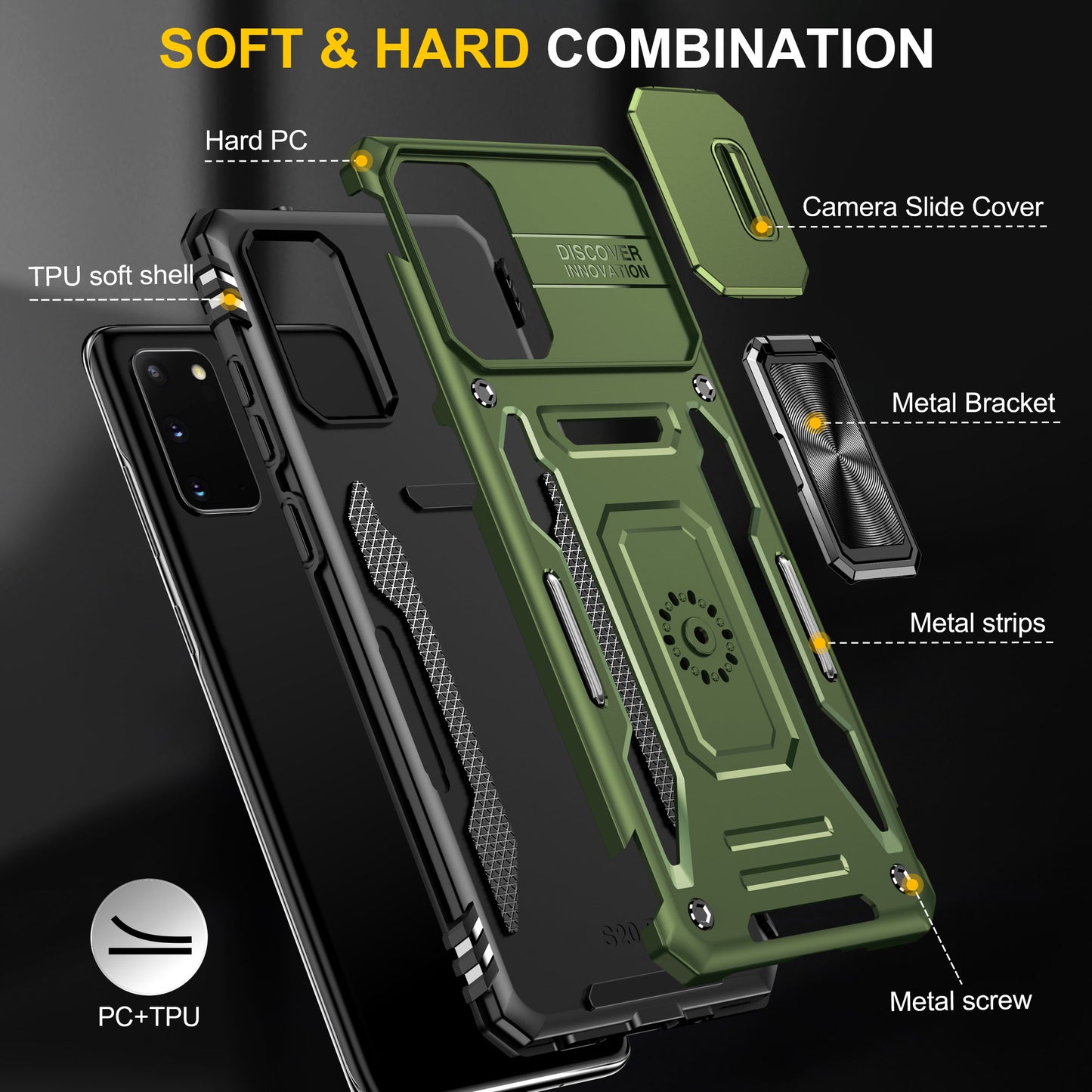 Armor Series for Samsung Galaxy S20 4G / 5G Kickstand PC + TPU Hybrid Cover Anti-collision Protective Phone Case with Slide Camera Protector - Olive Green