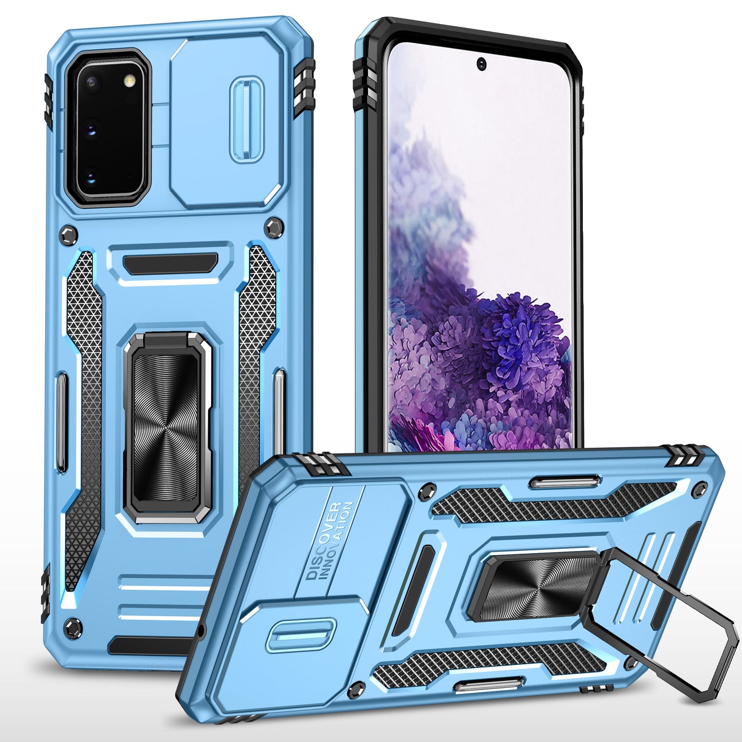 Armor Series for Samsung Galaxy S20 4G / 5G Kickstand PC + TPU Hybrid Cover Anti-collision Protective Phone Case with Slide Camera Protector - Sky Blue