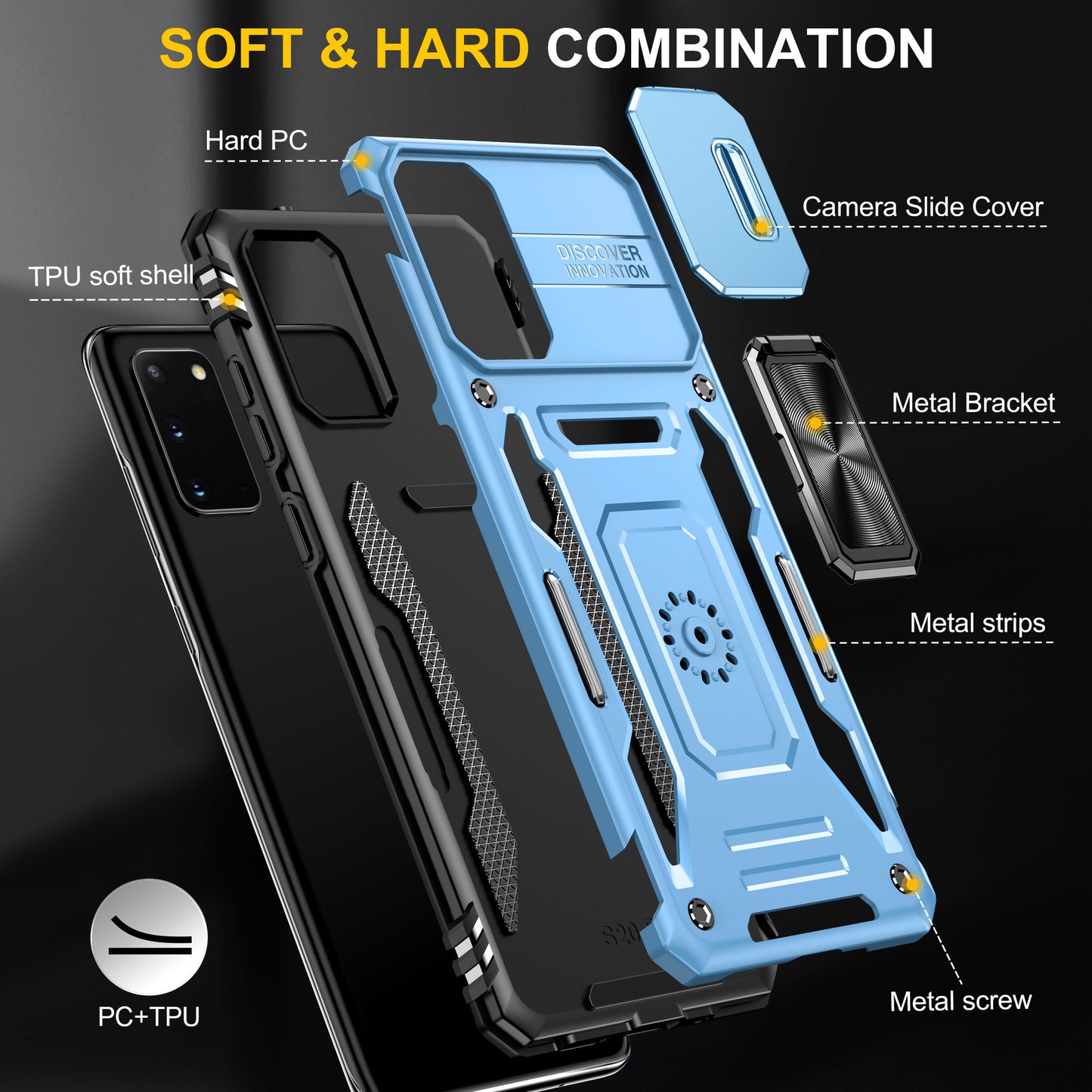 Armor Series for Samsung Galaxy S20 4G / 5G Kickstand PC + TPU Hybrid Cover Anti-collision Protective Phone Case with Slide Camera Protector - Sky Blue