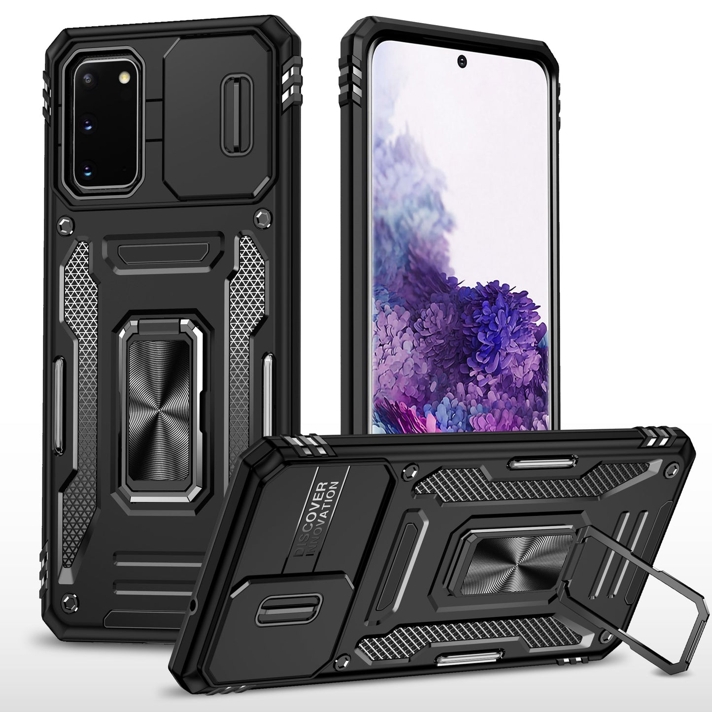 Armor Series for Samsung Galaxy S20 4G / 5G Kickstand PC + TPU Hybrid Cover Anti-collision Protective Phone Case with Slide Camera Protector - Black