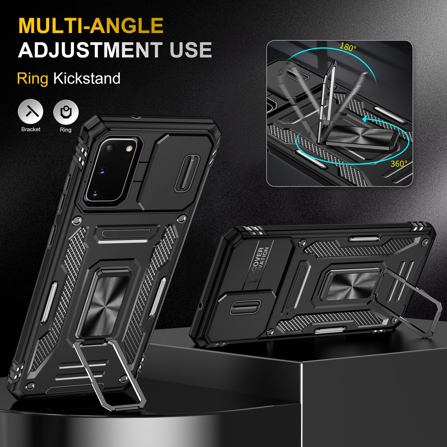 Armor Series for Samsung Galaxy S20 4G / 5G Kickstand PC + TPU Hybrid Cover Anti-collision Protective Phone Case with Slide Camera Protector - Black