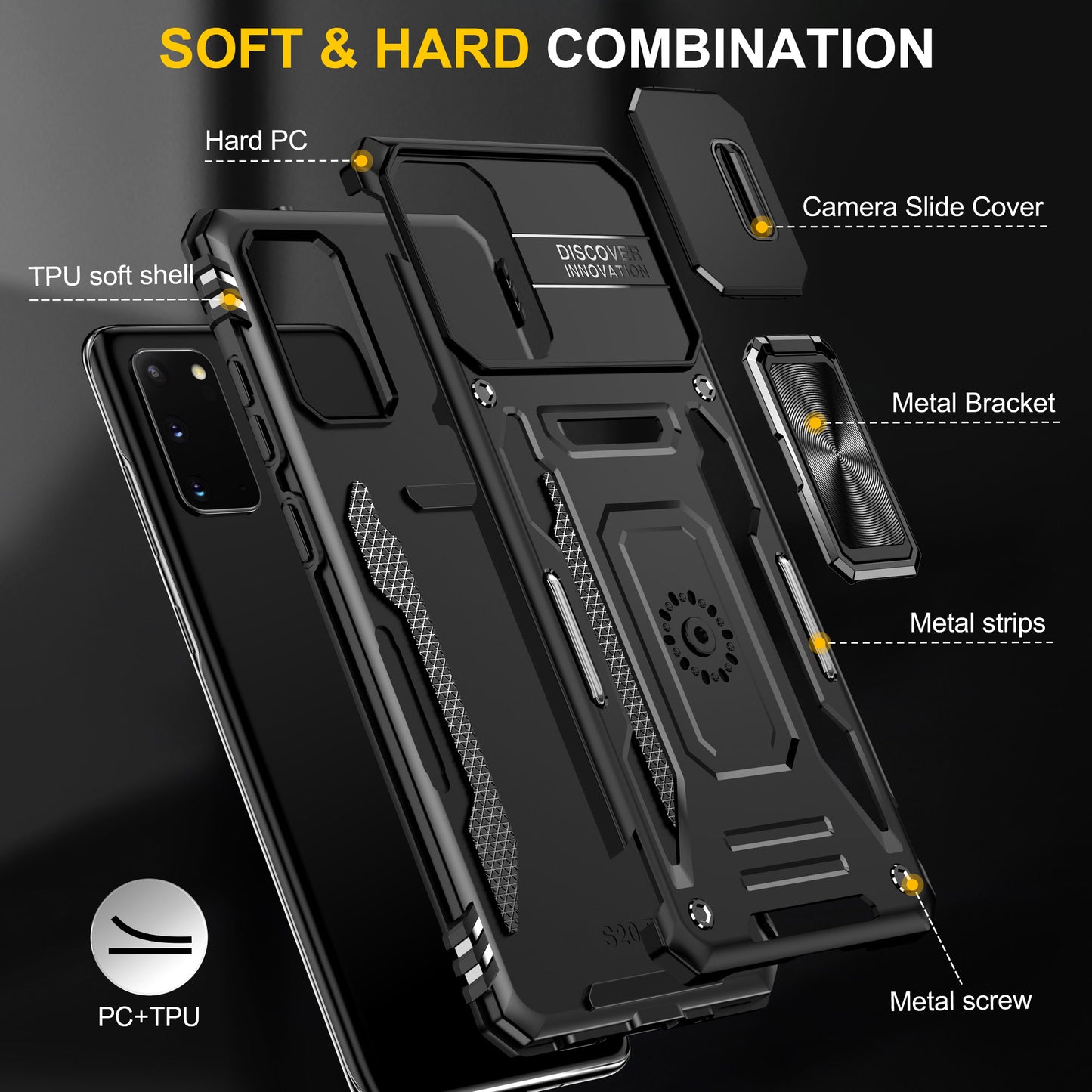 Armor Series for Samsung Galaxy S20 4G / 5G Kickstand PC + TPU Hybrid Cover Anti-collision Protective Phone Case with Slide Camera Protector - Black